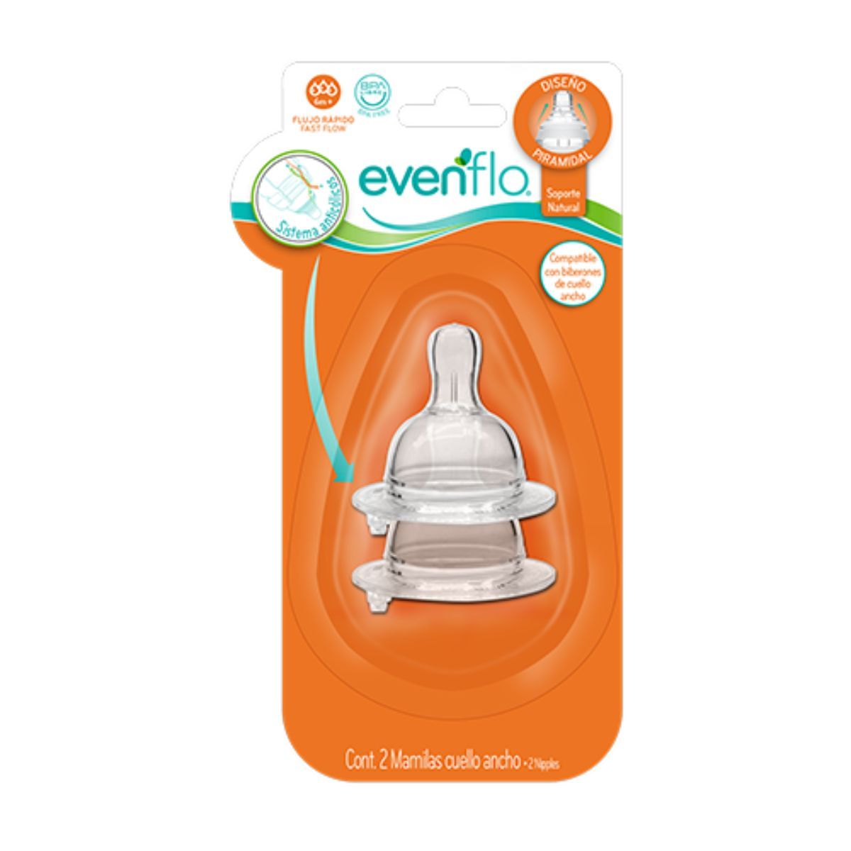 MAMILA EVENFLO CUELLO ANCHO F/RAPIDO C/2