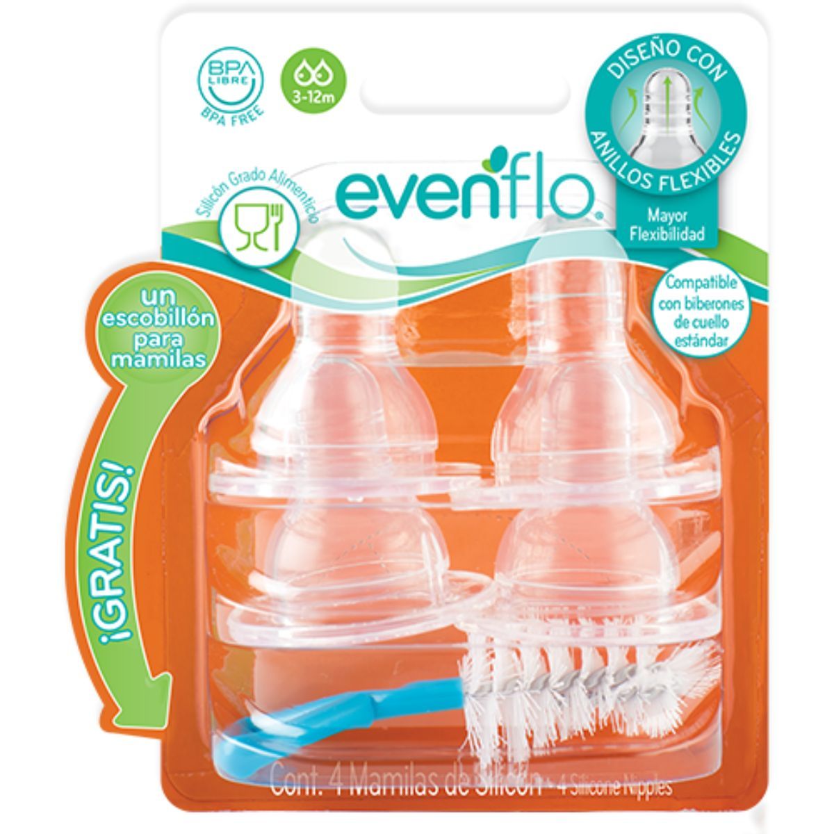 MAMILA EVENFLO 3-12M CUELLO ESTANDAR C/4 + ESCO