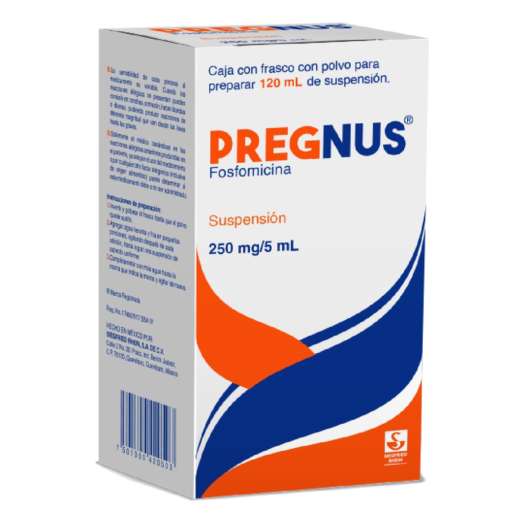PREGNUS SUSPENSIÓN 250 MG -  FRASCO DOSIFICADOR 120 ML (FOSFOMICINA)