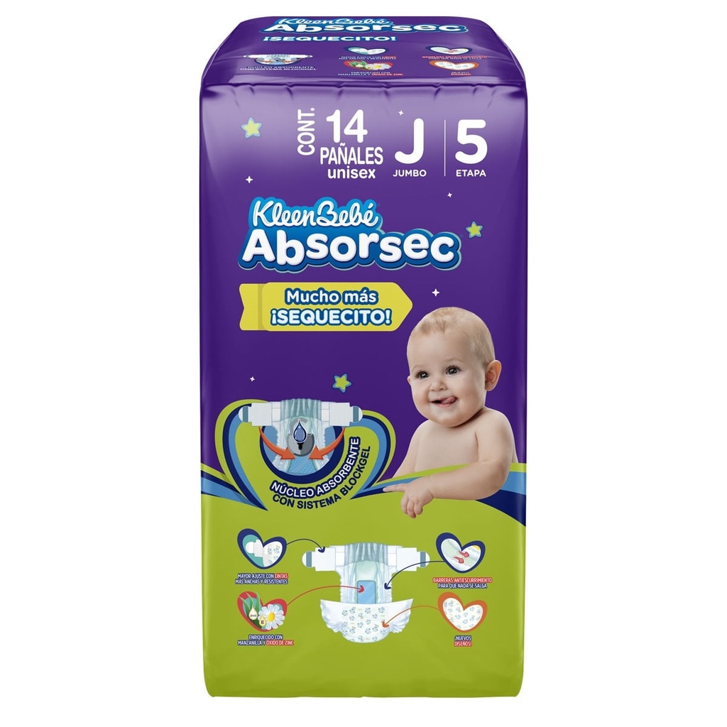 PAÑAL KLEENBEBE ABSORSEC 5 JUMBO C/14