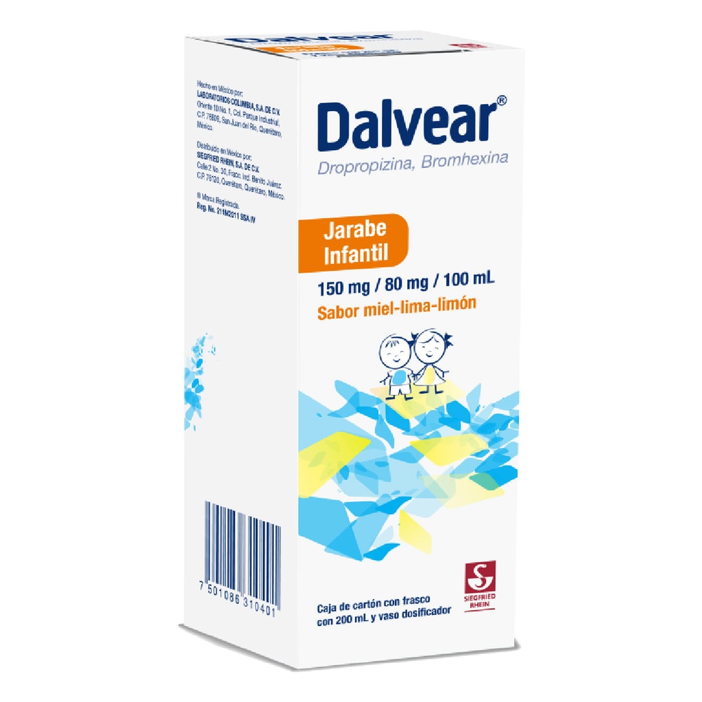 DALVEAR INFANTIL 150 MG / 80 MG - JARABE SABOR MIEL Y LIMA LIMÓN 200 ML (DROPROPIZINA Y BROMHEXINA)