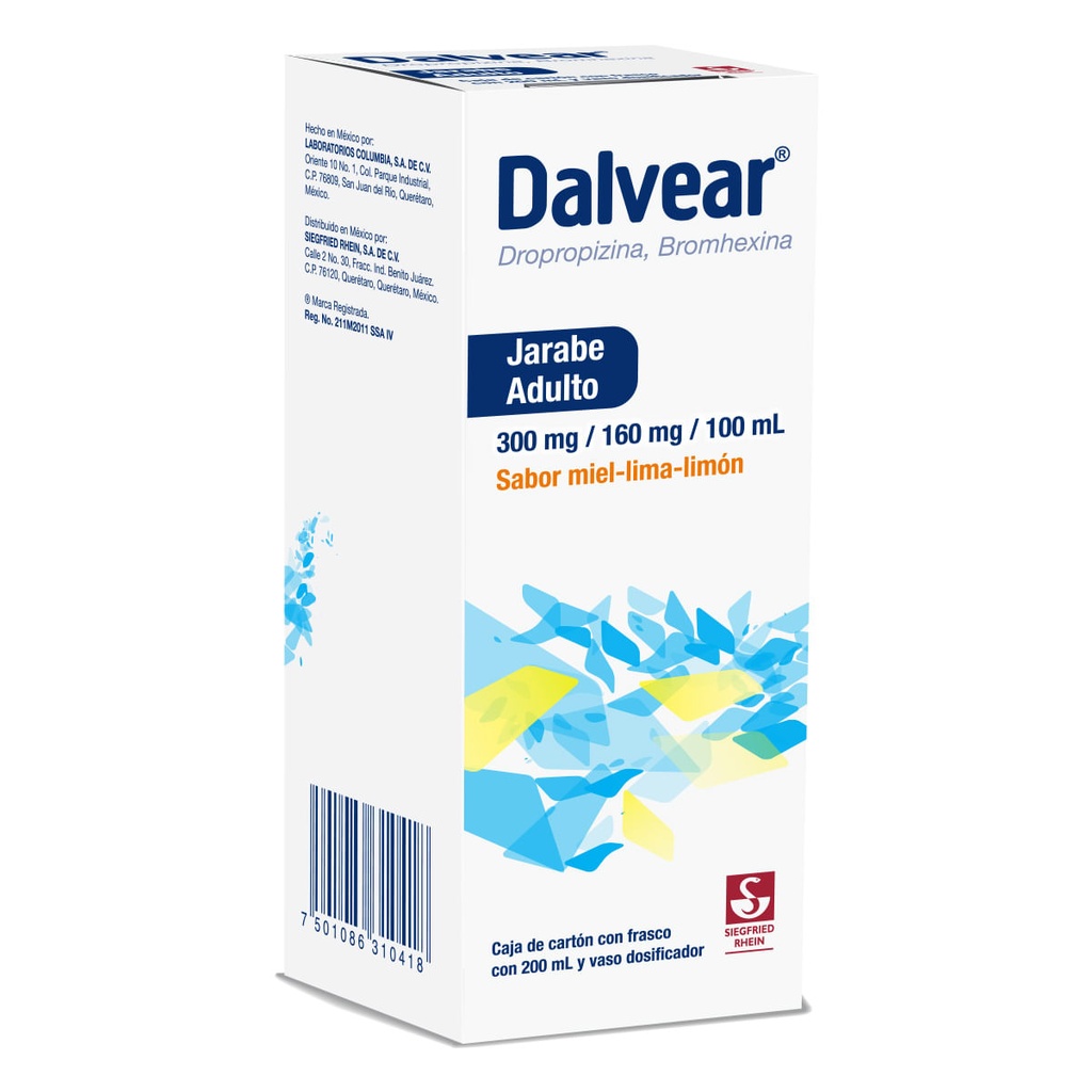 DALVEAR ADULTO 300 MG / 160 MG - JARABE SABOR MIEL Y LIMA LIMÓN 200 ML (DROPROPIZINA Y BROMHEXINA)