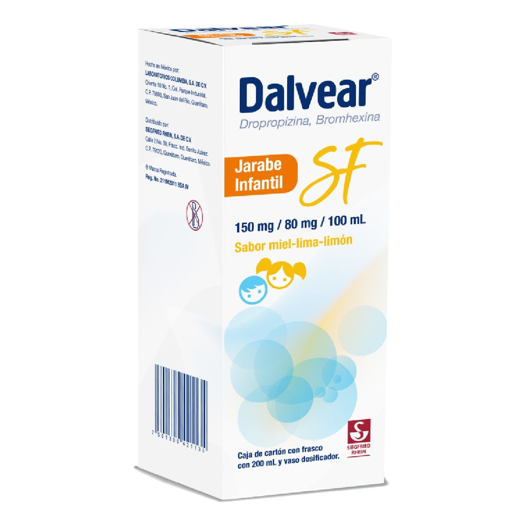 DALVEAR SF INFANTIL 150 MG / 80 MG - JARABE SABOR MIEL Y LIMA LIMÓN 200 ML (DROPROPIZINA Y BROMHEXINA)