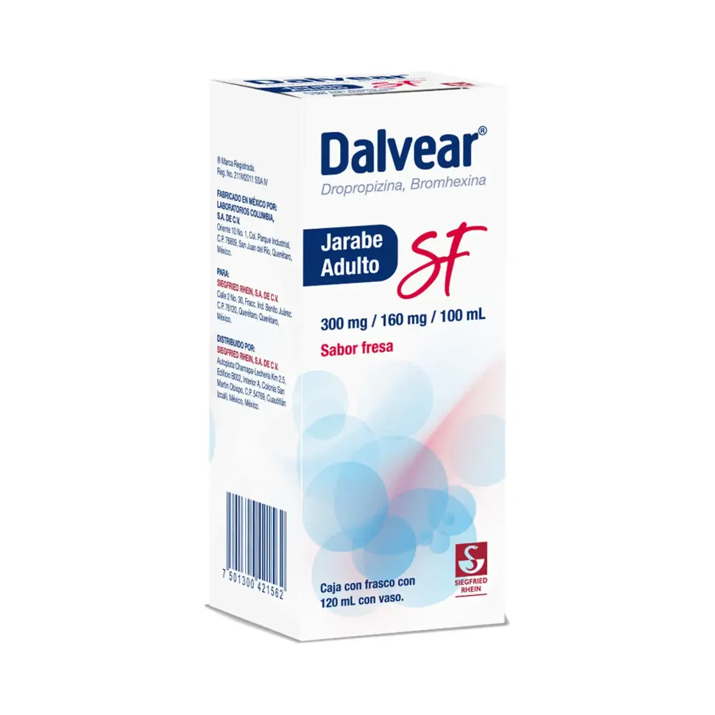 DALVEAR SF ADULTO 300 MG / 160 MG - JARABE SABOR FRESA 120 ML (DROPROPIZINA Y BROMHEXINA)