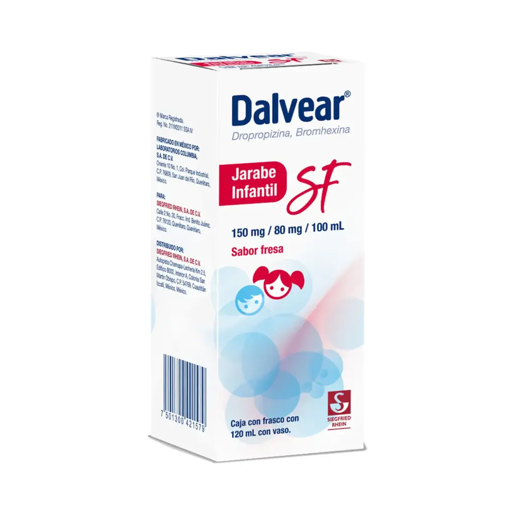 DALVEAR SF INFANTIL 150 MG / 80 MG - JARABE SABOR FRESA 120 ML (DROPROPIZINA Y BROMHEXINA)