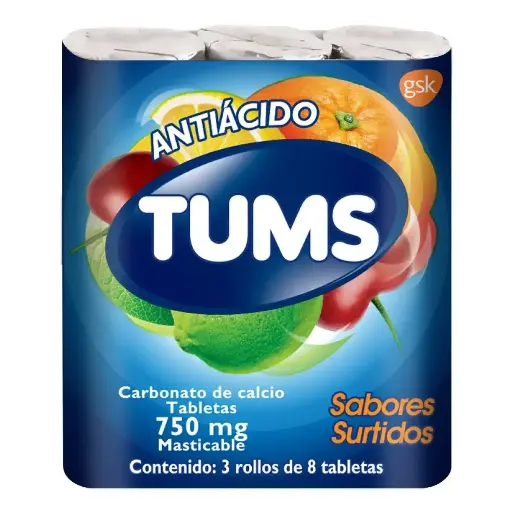 [CARBONATO DE CALCIO] TUMS EXTRA SURT 750MG 3ROLLOS TABLETAS CON 8