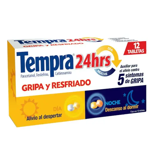 [PARACETAMOL,FENILEFRINA,CARBINOXAMINA] TEMPRA 24HRS DIA/NOCHE TABLETAS CON 12