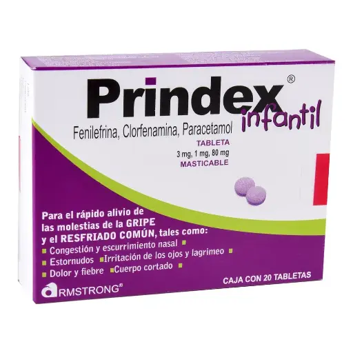 [PARACETAMOL,CLORFENAMINA,FENILEFRINA] PRINDEX INFANTIL 3/1/80 MG TABLETAS CON 20