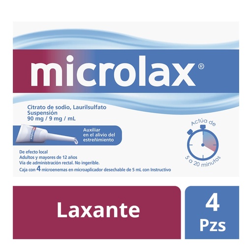 [CITRATO DE SODIO,LAURIL SULFOACETATO] MICROLAX 90/9MG MICROENEMAS 5ML CON 4