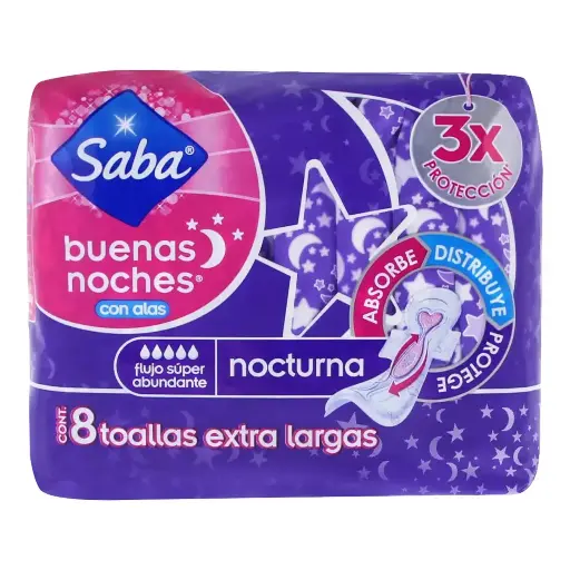 [CUIDADO PERSONAL,HIGIENE] TOALLAS SANIT SABA B-NOCHES CON ALAS CON 8