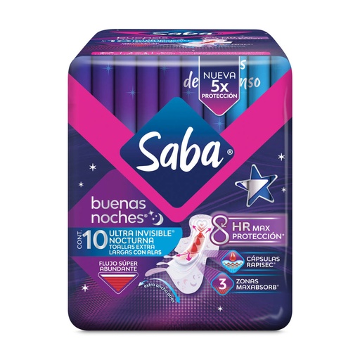 [CUIDADO PERSONAL,HIGIENE] TOALLAS SANIT SABA NOCHE ALAS CON 10