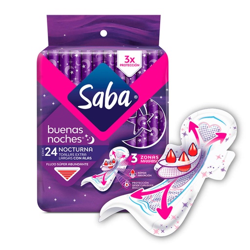 [CUIDADO PERSONAL,HIGIENE] TOALLAS SANIT SABA B-NOCHES CON ALAS CON 24