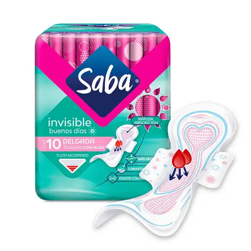 [CUIDADO PERSONAL,HIGIENE] TOALLAS SABA INVISIBLE CON ALAS CON 10