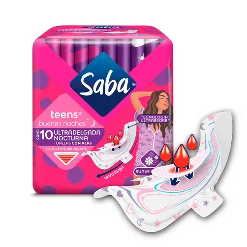 [CUIDADO PERSONAL,HIGIENE] TOALLAS SABA TEENS NOCTURNA CON ALAS CON 10