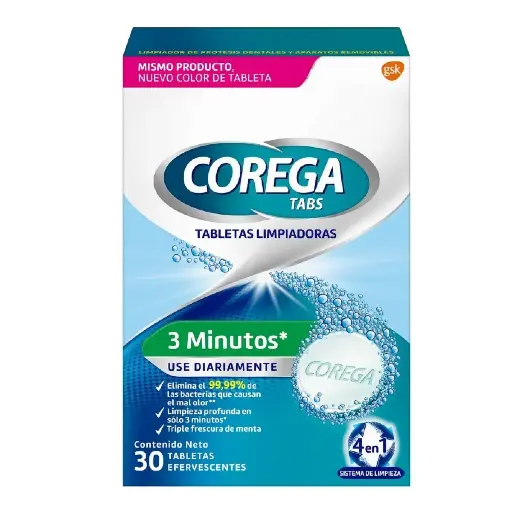[CUIDADO PERSONAL,HIGIENE] COREGA TABLETAS LIMPIADORAS DE PROTESIS EFERVESCENTES CON 30