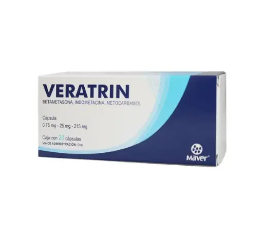 [METOCARBAMOL,BETAMETASONA,INDOMETACINA] VERATRIN 0.75/25/215MG CAPSULAS CON 20 (GI)